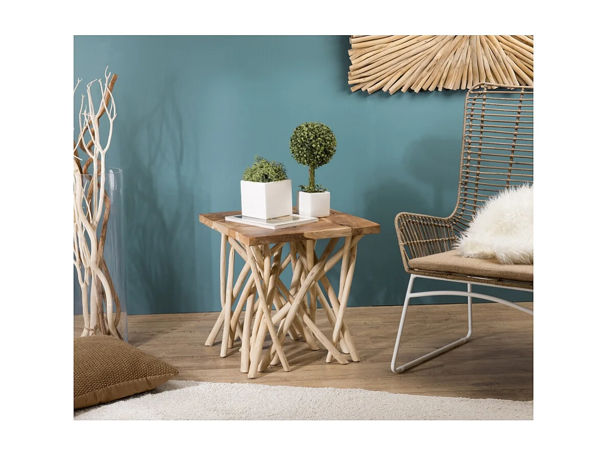 CLARA - Table d'appoint nature plateau carré en bois de teck 55x55cm