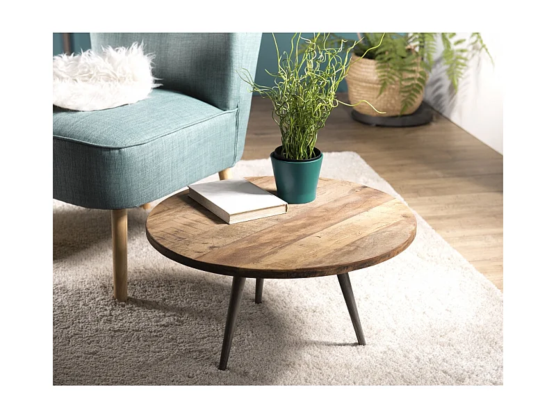 SIXTINE - Table basse d'appoint ronde 55x55cm bois teck recyclé marron