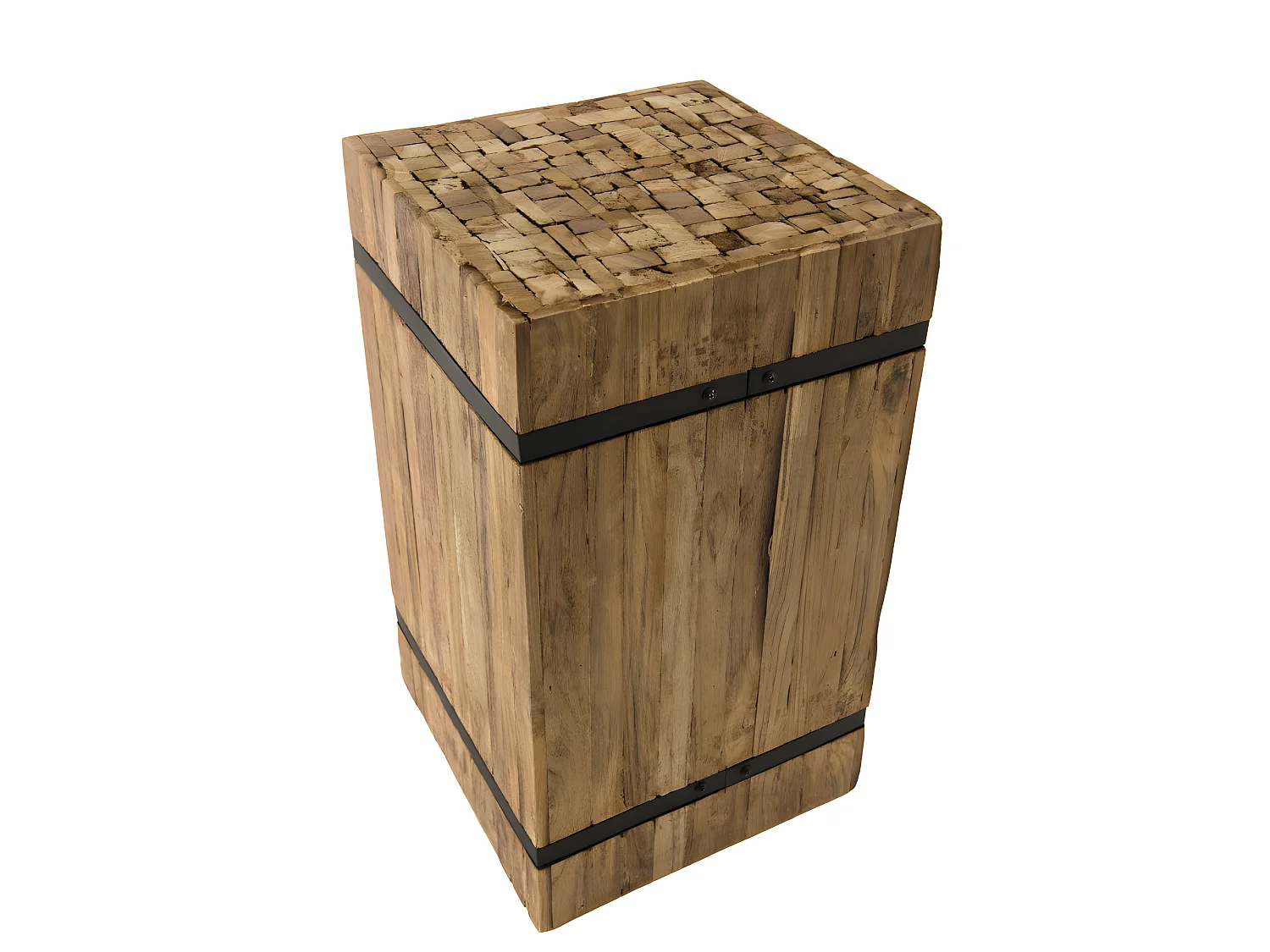 SUZY - Table d'appoint carrée 'M' 34x34cm bois Teck recyclé cerclée métal noir