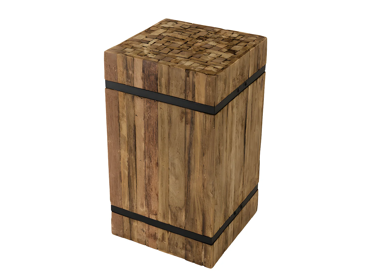 SUZY - Table d'appoint carrée 'M' 34x34cm bois Teck recyclé cerclée métal noir