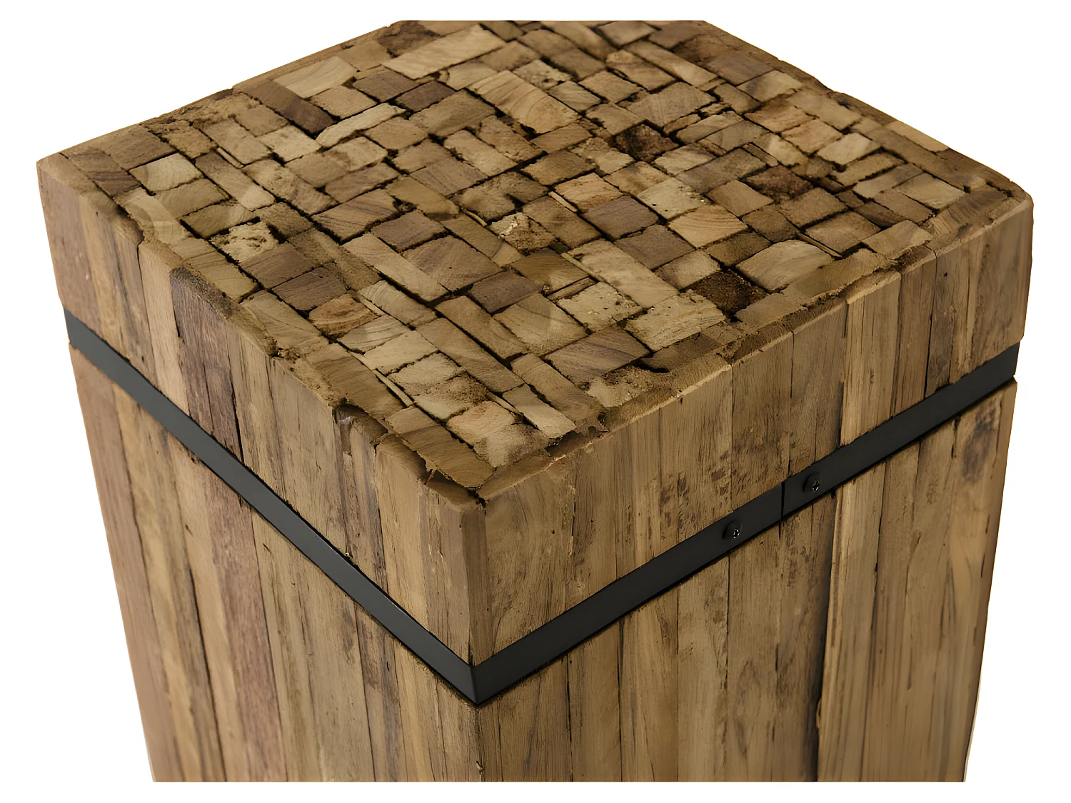 SUZY - Table d'appoint carrée 'M' 34x34cm bois Teck recyclé cerclée métal noir