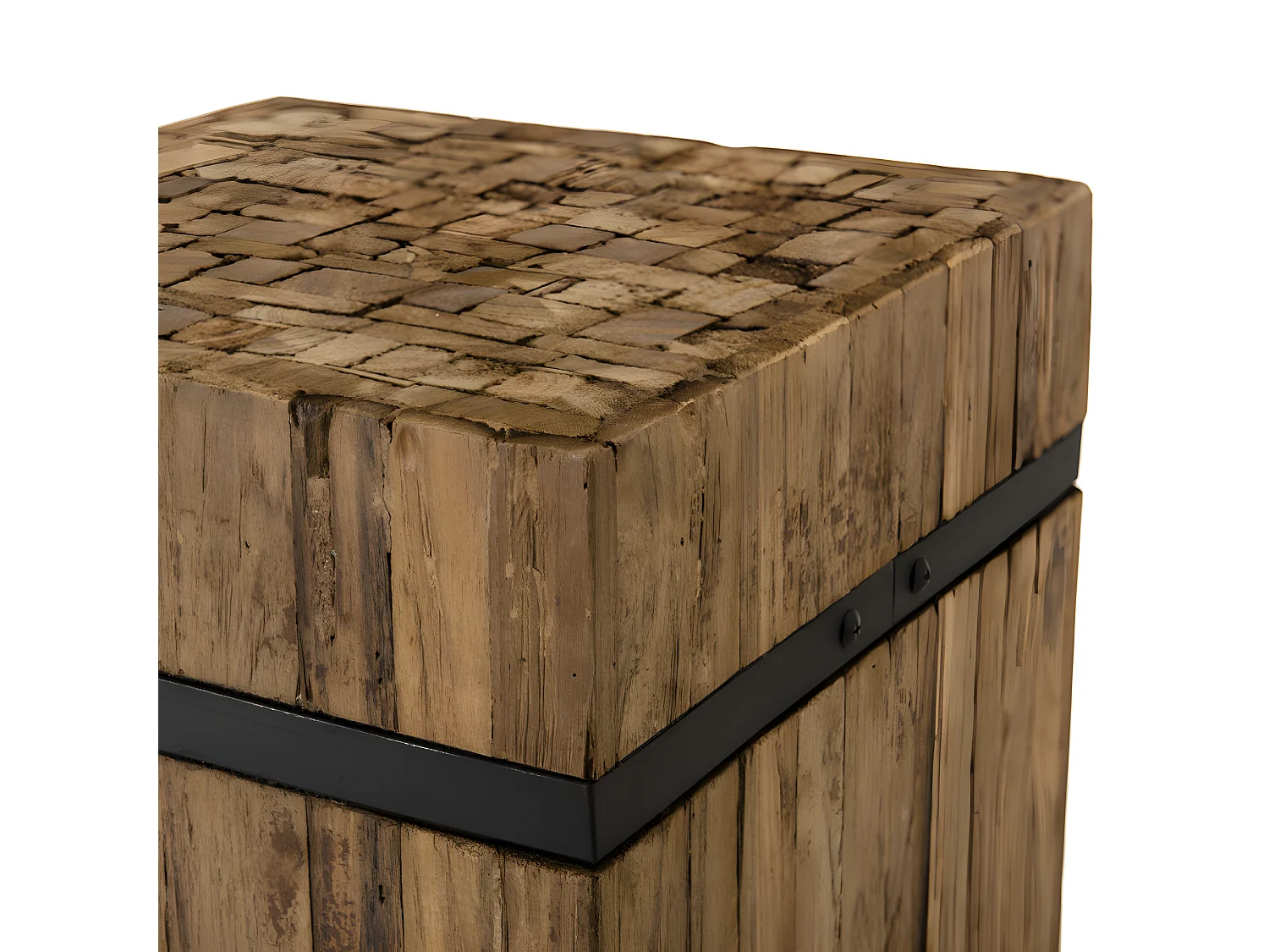 SUZY - Table d'appoint carrée 'M' 34x34cm bois Teck recyclé cerclée métal noir