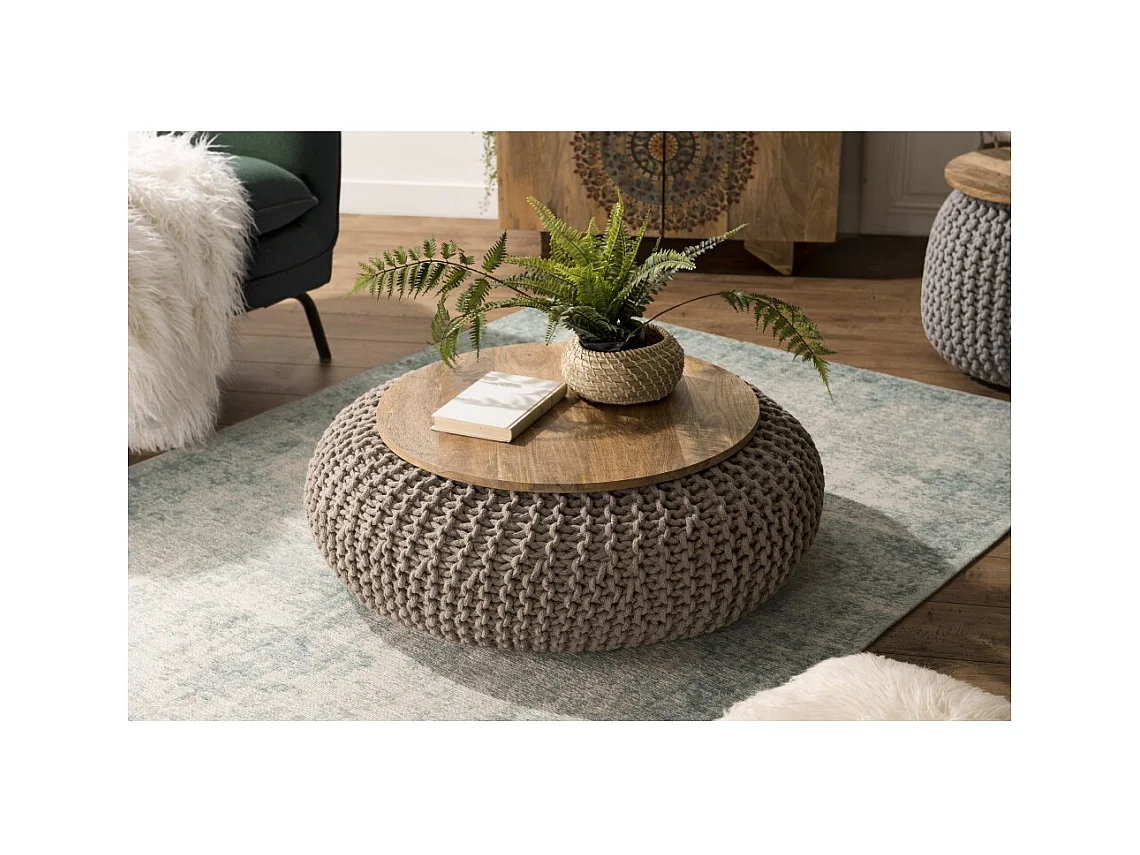 INDRA - Table d'appoint ronde 80cm plateau bois Manguier et coton gris