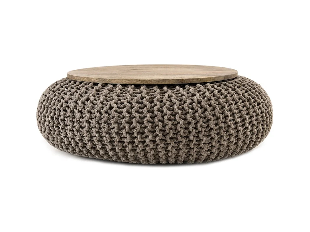 INDRA - Table d'appoint ronde 80cm plateau bois Manguier et coton gris