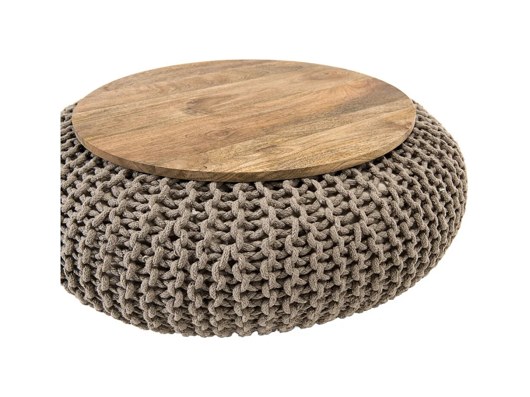 INDRA - Table d'appoint ronde 80cm plateau bois Manguier et coton gris