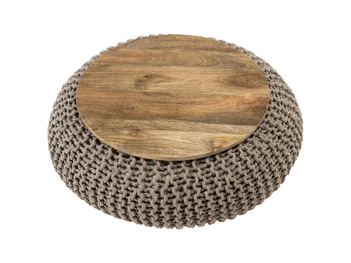 INDRA - Table d'appoint ronde 80cm plateau bois Manguier et coton gris