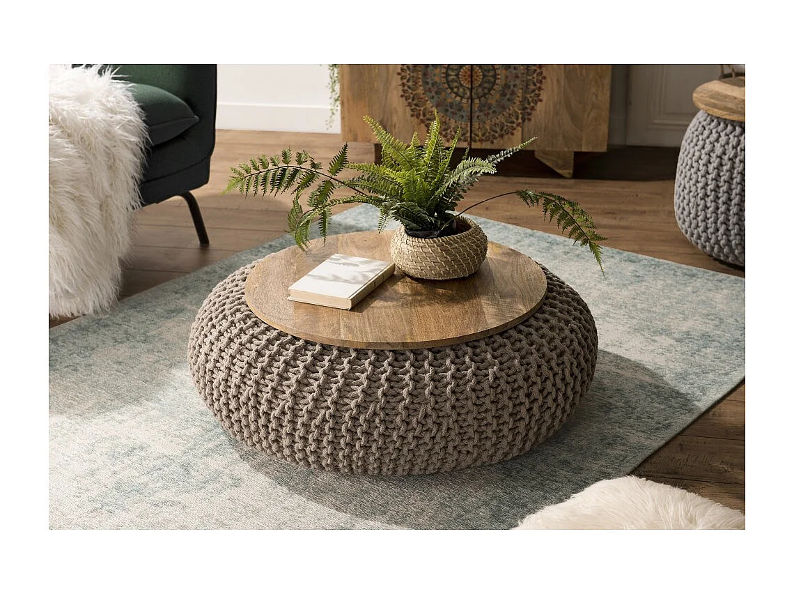 INDRA - Table d'appoint ronde 80cm plateau bois Manguier et coton gris