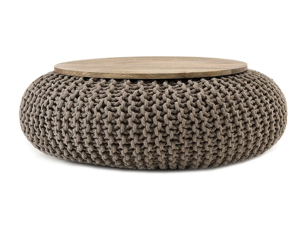 INDRA - Table d'appoint ronde 80cm plateau bois Manguier et coton gris