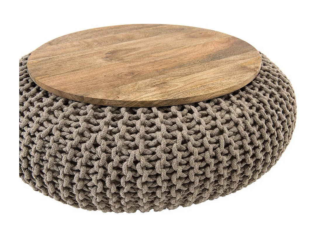 INDRA - Table d'appoint ronde 80cm plateau bois Manguier et coton gris