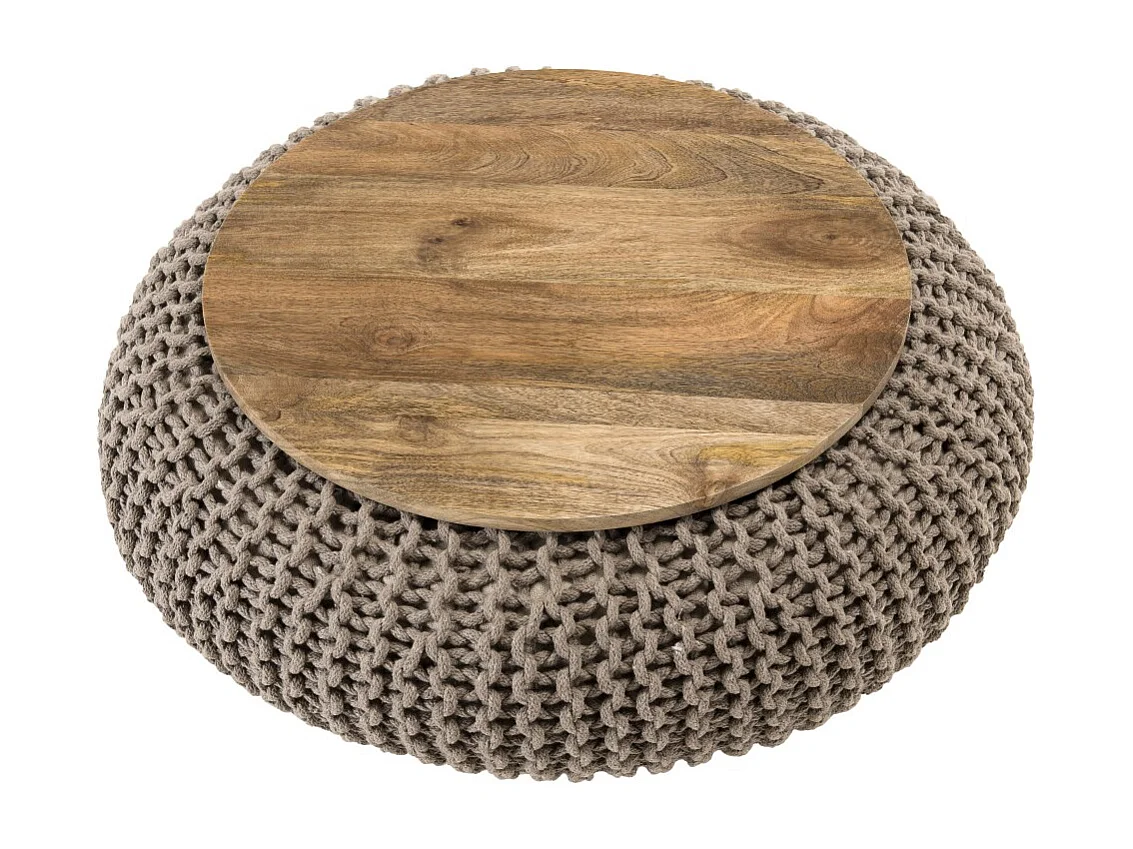 INDRA - Table d'appoint ronde 80cm plateau bois Manguier et coton gris