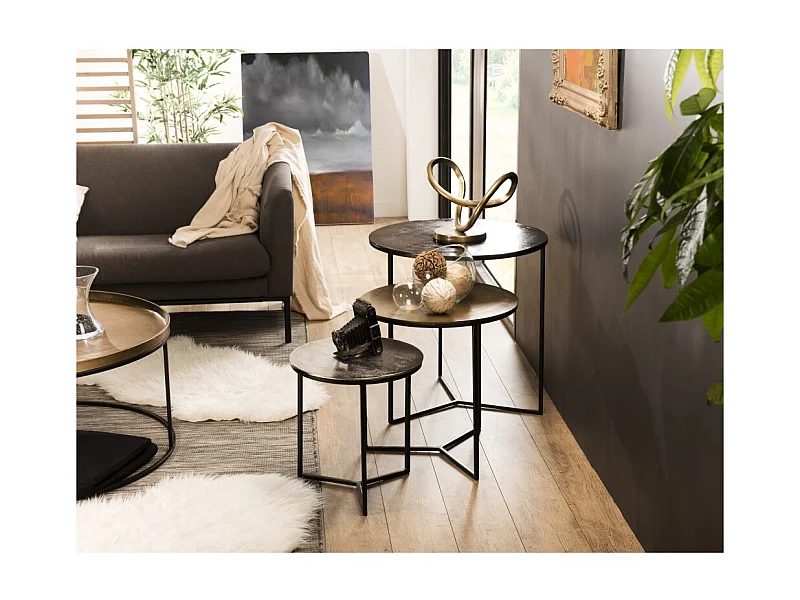 JOHAN - Set de 3 tables gigognes rondes aluminium noir doré argenté