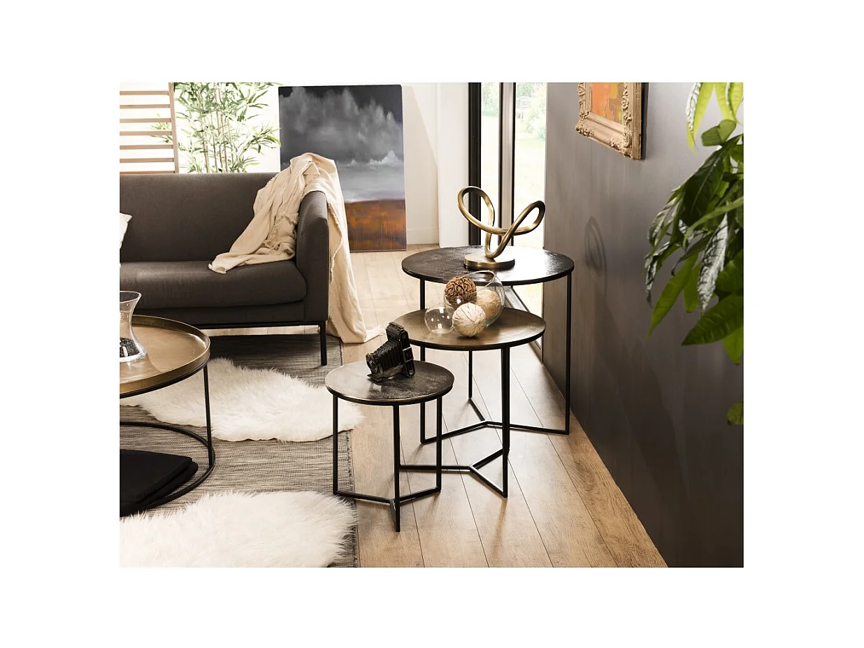 JOHAN - Set de 3 tables gigognes rondes aluminium noir doré argenté - pieds métal noir