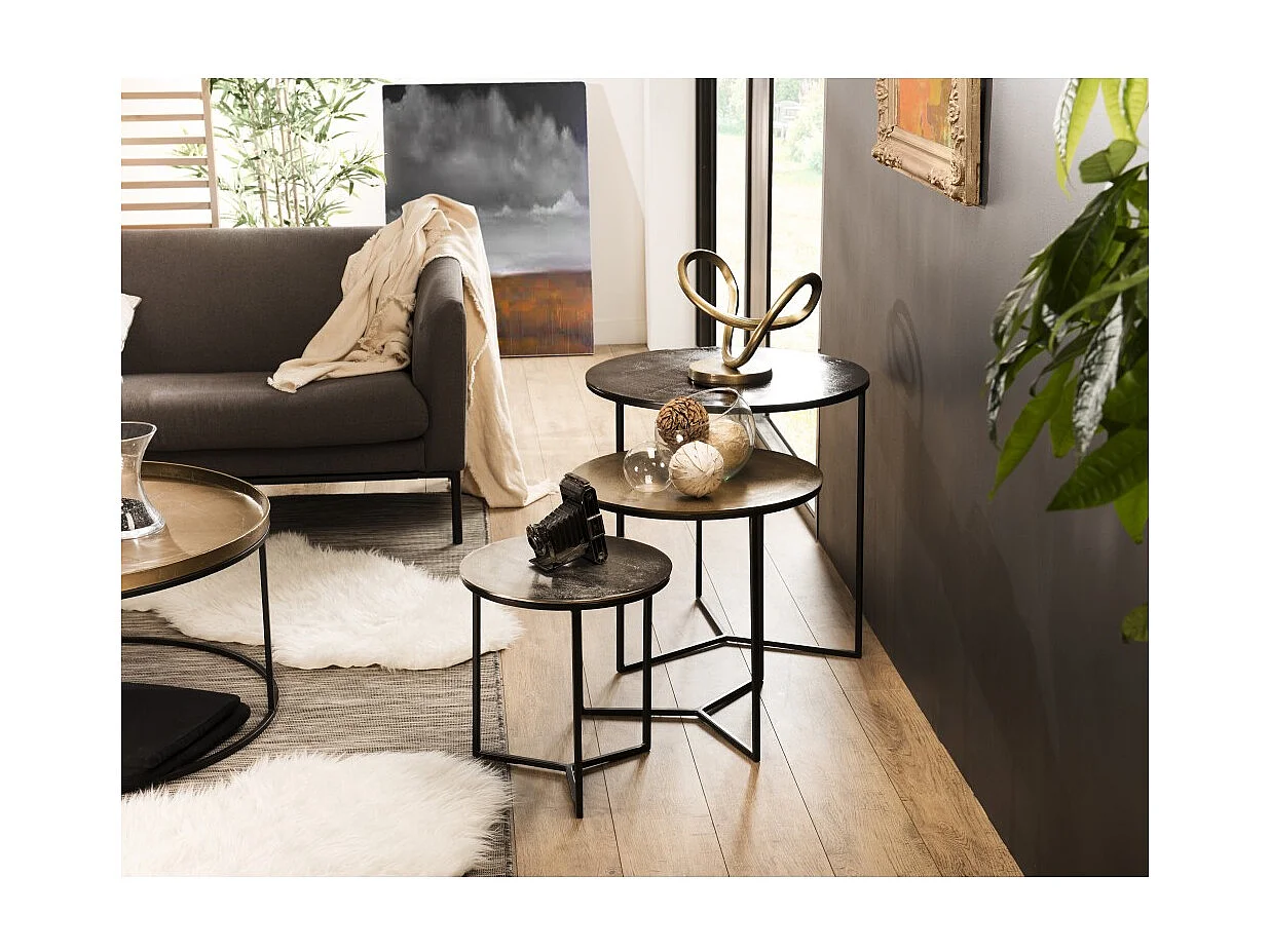 JOHAN - Set de 3 tables gigognes rondes aluminium noir doré argenté
