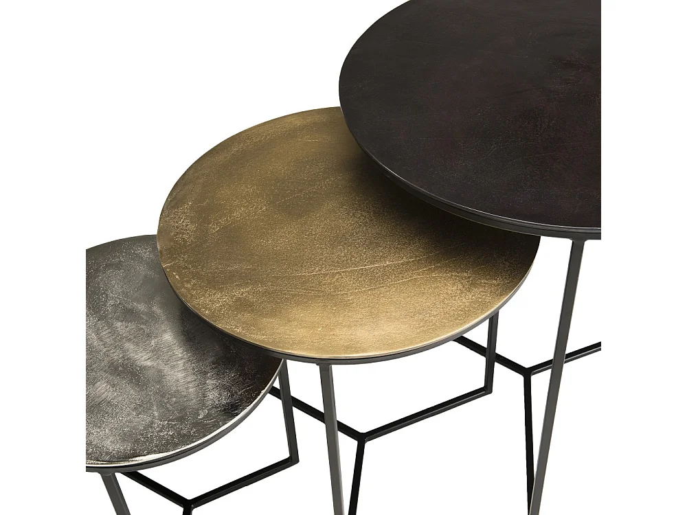 JOHAN - Set de 3 tables gigognes rondes aluminium noir doré argenté