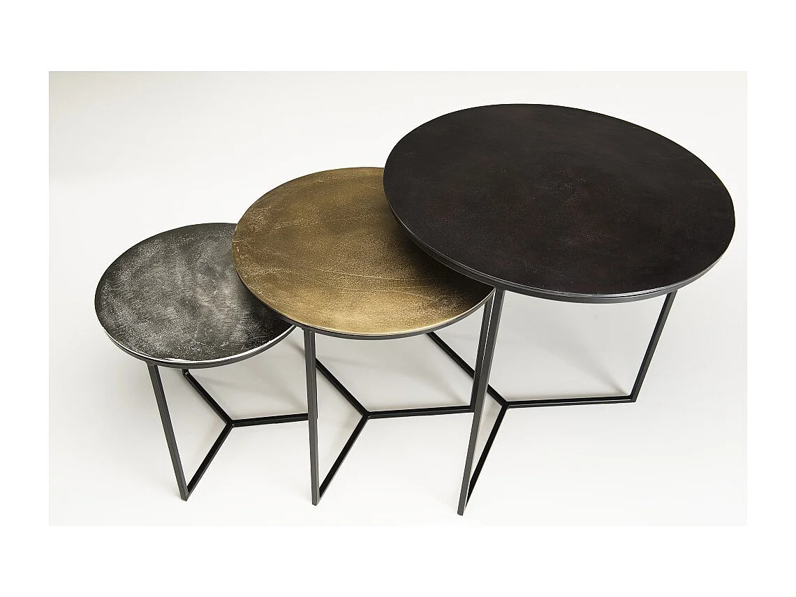 JOHAN - Set de 3 tables gigognes rondes aluminium noir doré argenté