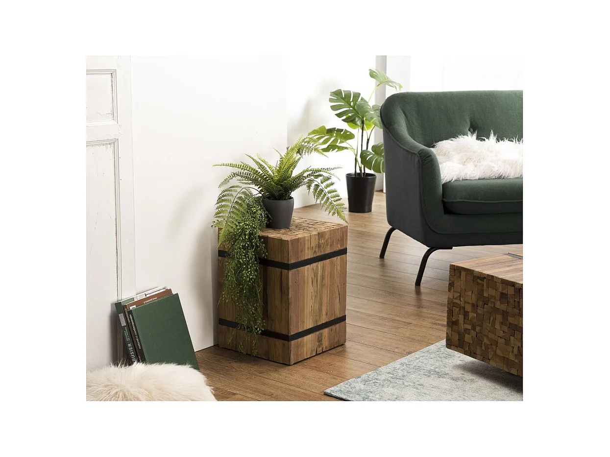 SAM - Table d'appoint carrée 34x34cm bois Teck recyclé cerclée noir