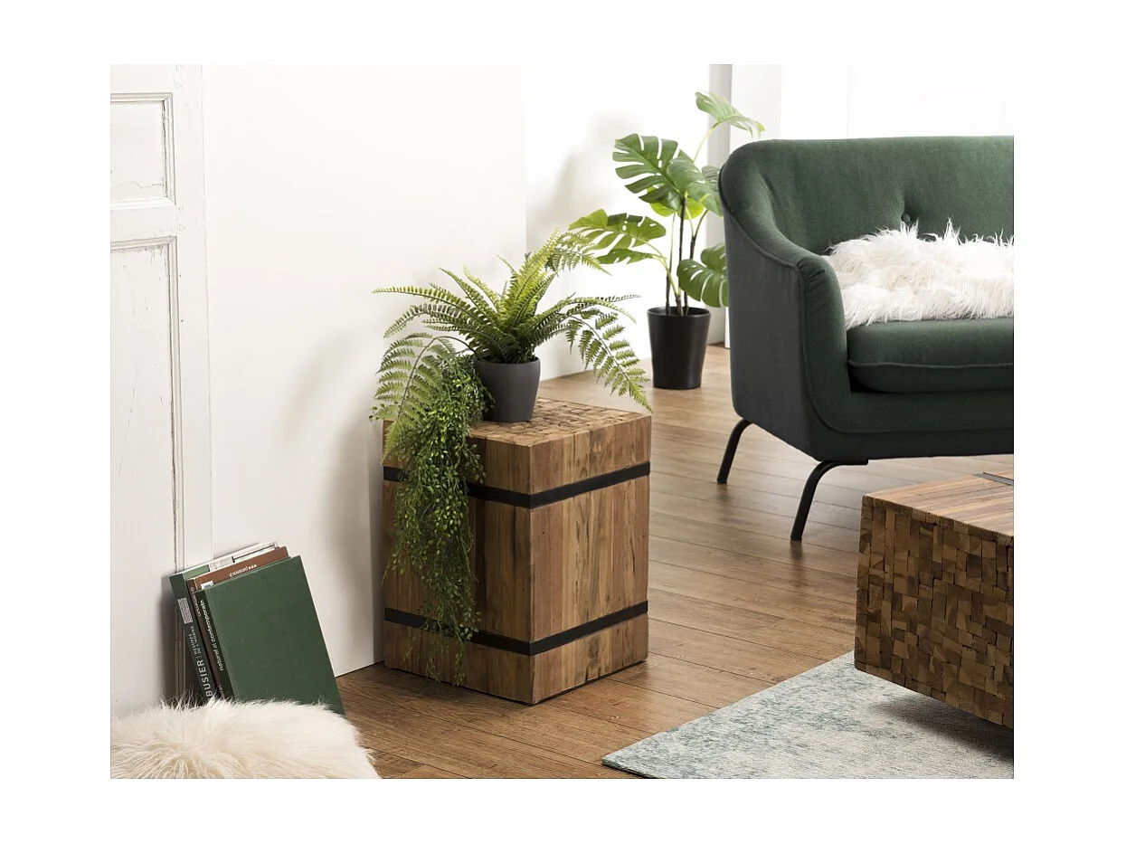 SAM - Table d'appoint carrée 34x34cm bois Teck recyclé cerclée noir