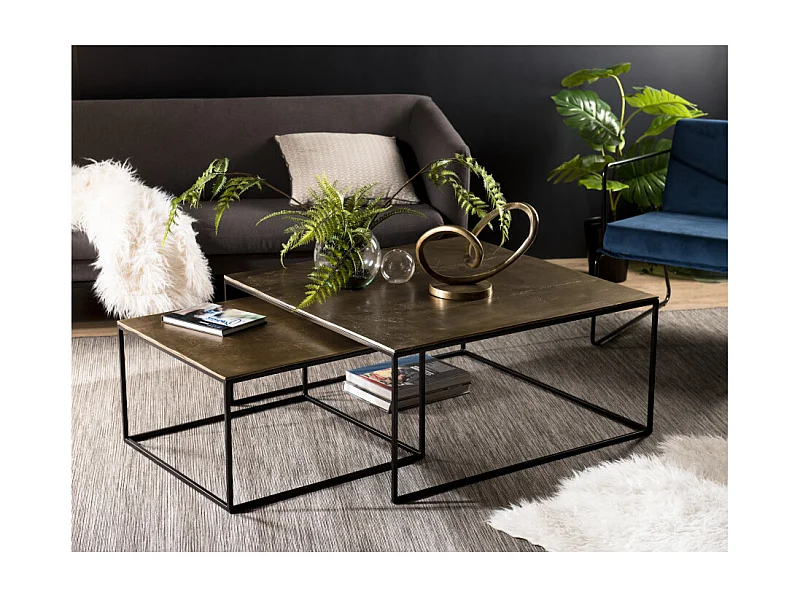 JOHAN - Set de 2 tables gigognes carrées aluminium doré