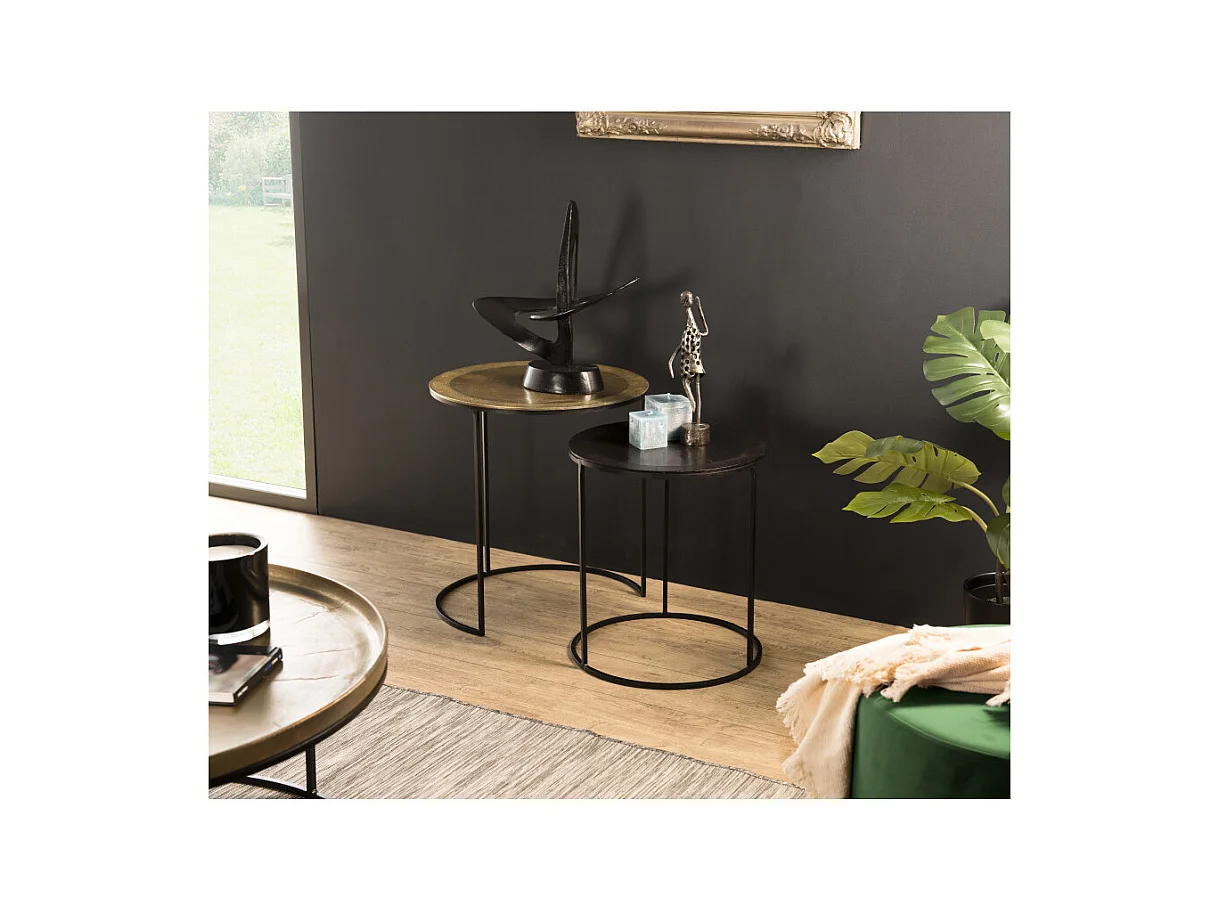 JOHAN - Set de 2 tables d'appoint gigognes rondes aluminium doré et noir - pieds ronds métal noir