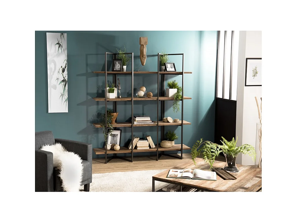 SIXTINE - Étagère marron 4 niveaux Teck recyclé Acacia Mahogany et métal noir