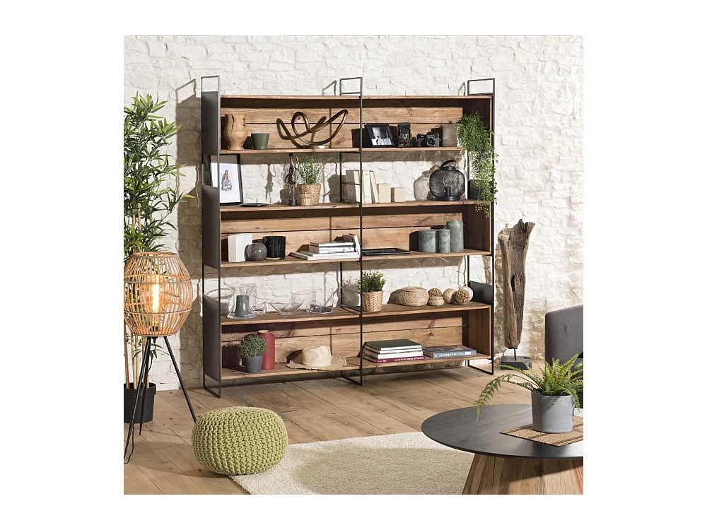 DANDY - Étagère niche 3 niveaux bois Pin recyclé naturel et métal noir