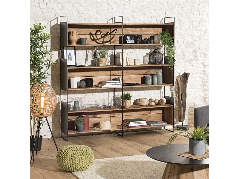 DANDY - Étagère niche 3 niveaux bois Pin recyclé naturel et métal noir