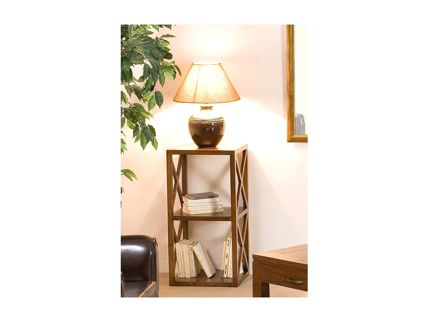 LAUREN - Étagère marron 2 cases 40 cm croisillons bois Mindi