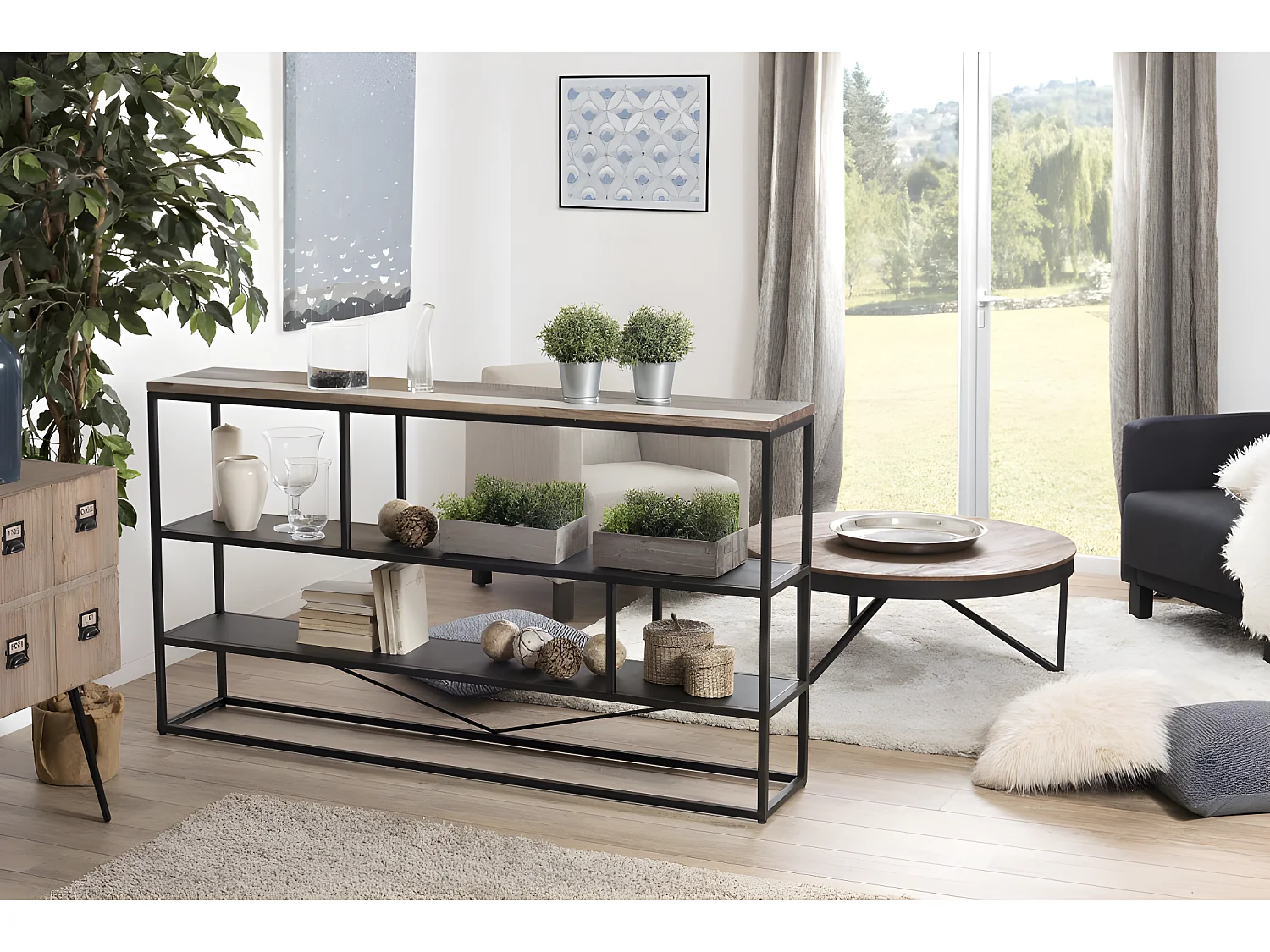 LEANDRE - Étagère 'S' noire 160x90cm 3 niveaux bois acacia et acier