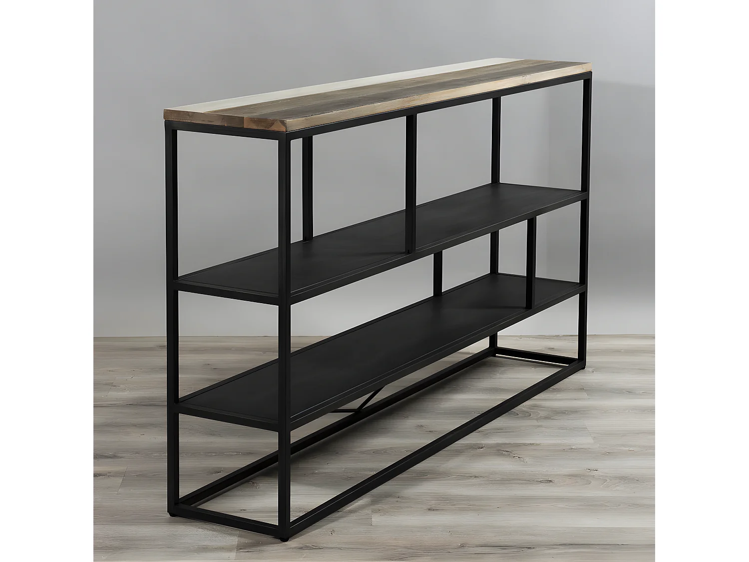 LEANDRE - Étagère 'S' noire 160x90cm 3 niveaux bois acacia et acier