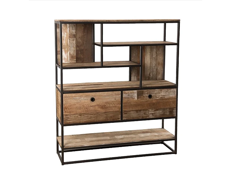 SIXTINE - Étagère marron 2 tiroirs et 7 niches bois de Teck recyclé