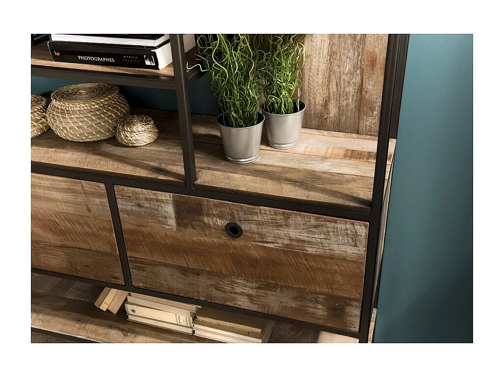 SIXTINE - Étagère marron 2 tiroirs et 7 niches bois de Teck recyclé