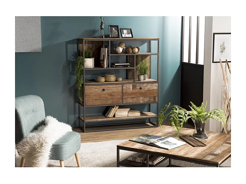 SIXTINE - Étagère marron 2 tiroirs et 7 niches bois de Teck recyclé