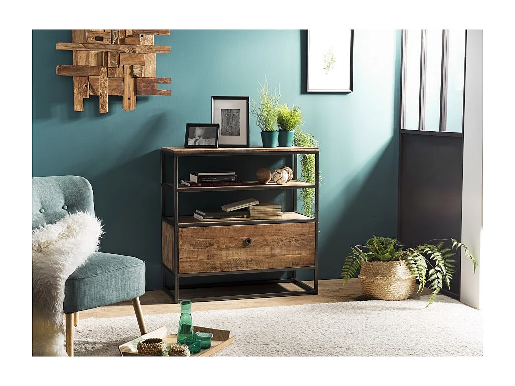 SIXTINE - Étagère marron 1 tiroir Teck recyclé Acacia Mahogany et métal noir