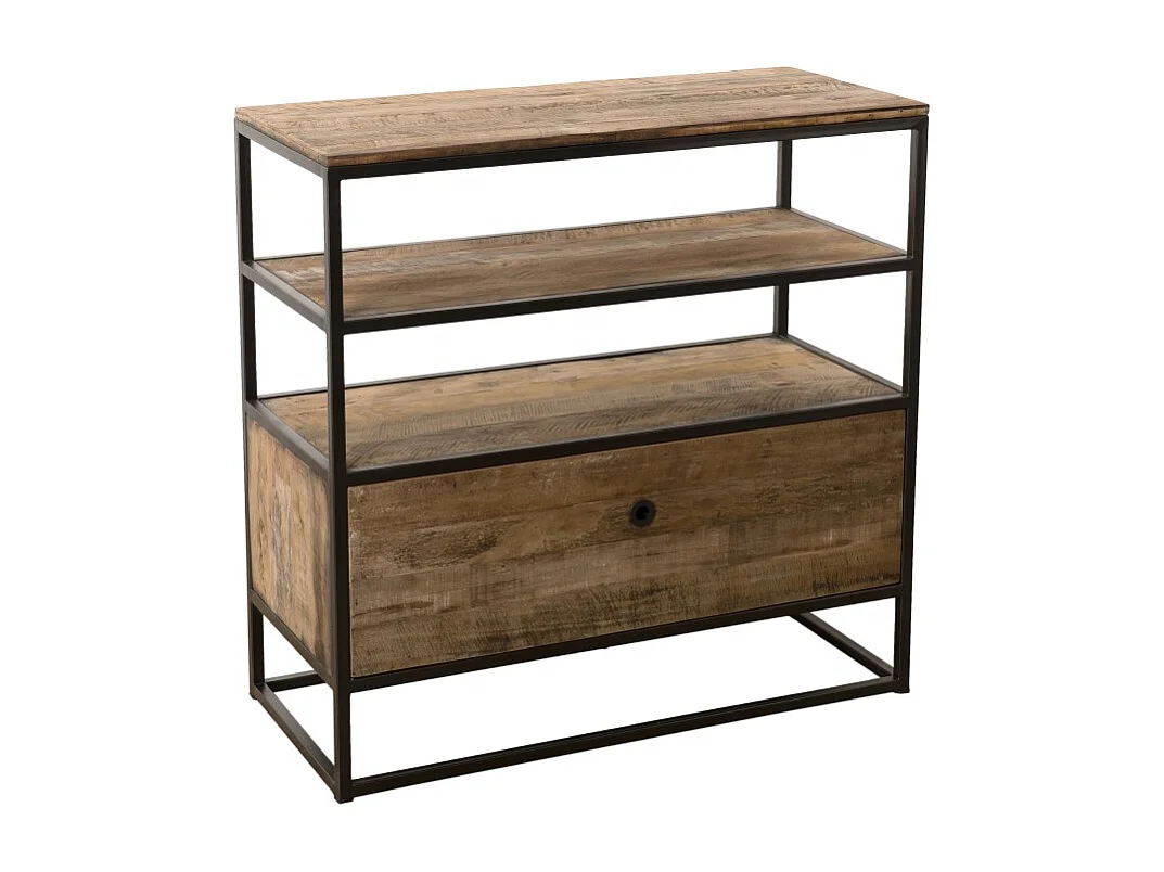 SIXTINE - Étagère marron 1 tiroir Teck recyclé Acacia Mahogany et métal noir