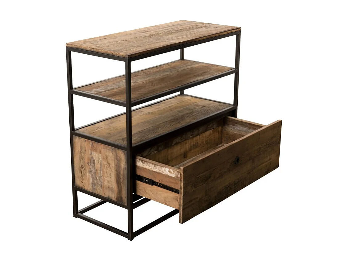 SIXTINE - Étagère marron 1 tiroir Teck recyclé Acacia Mahogany et métal noir