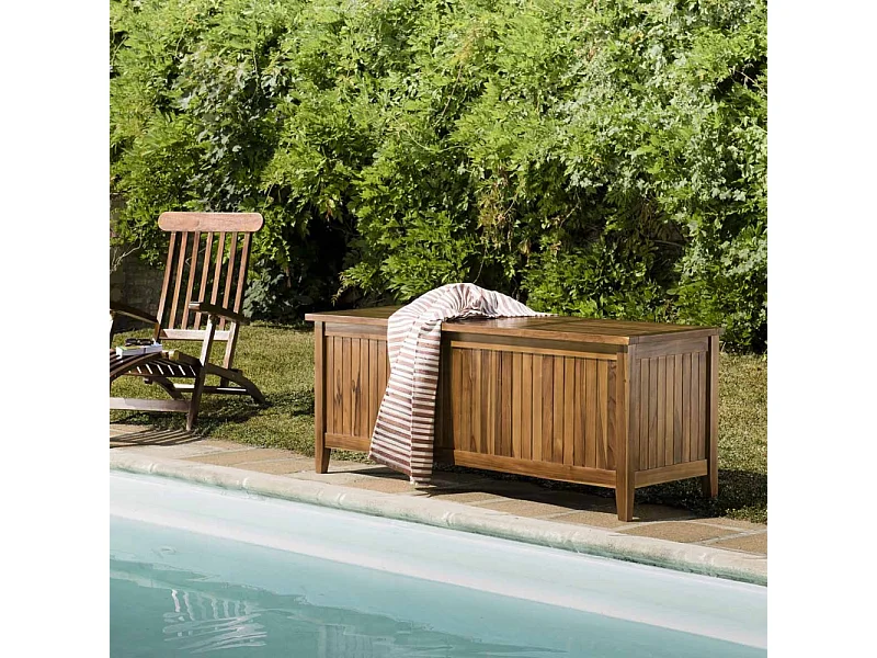 MAEVA - Coffre de jardin piscine en bois teck huilé 165x55cm