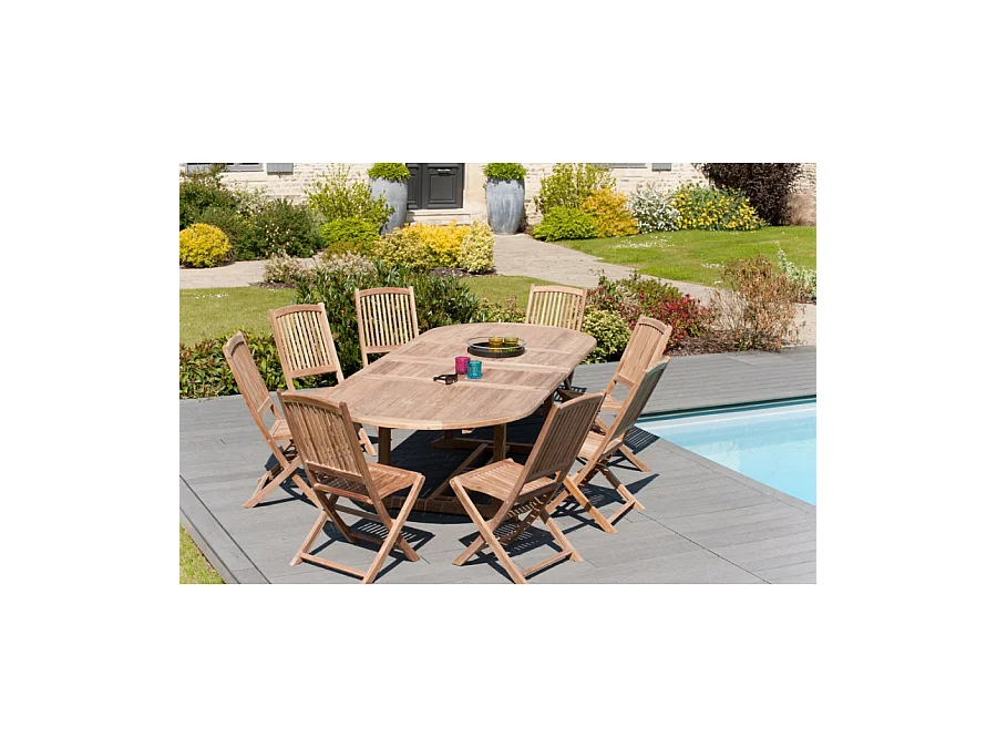 FUN - Table de jardin 10/12 personnes - ovale double extension 200/300*120 cm en bois Teck