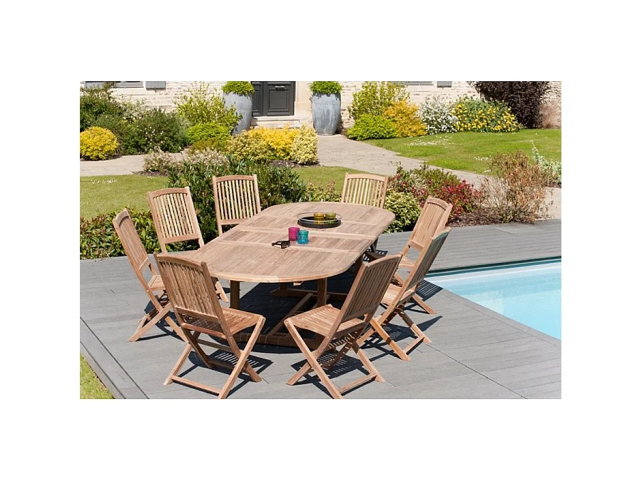 FUN - Table de jardin ovale double ext. 200/300*120 cm en bois Teck