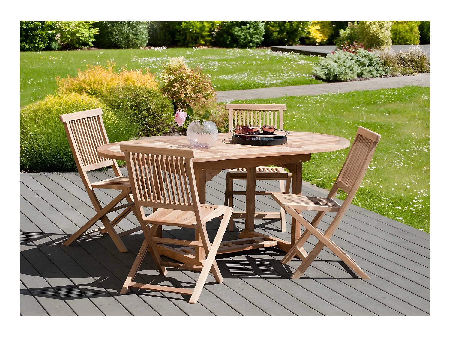 FUN - Table de jardin 4/6 personnes - ovale extensible 120/180 x 90 cm en bois Teck