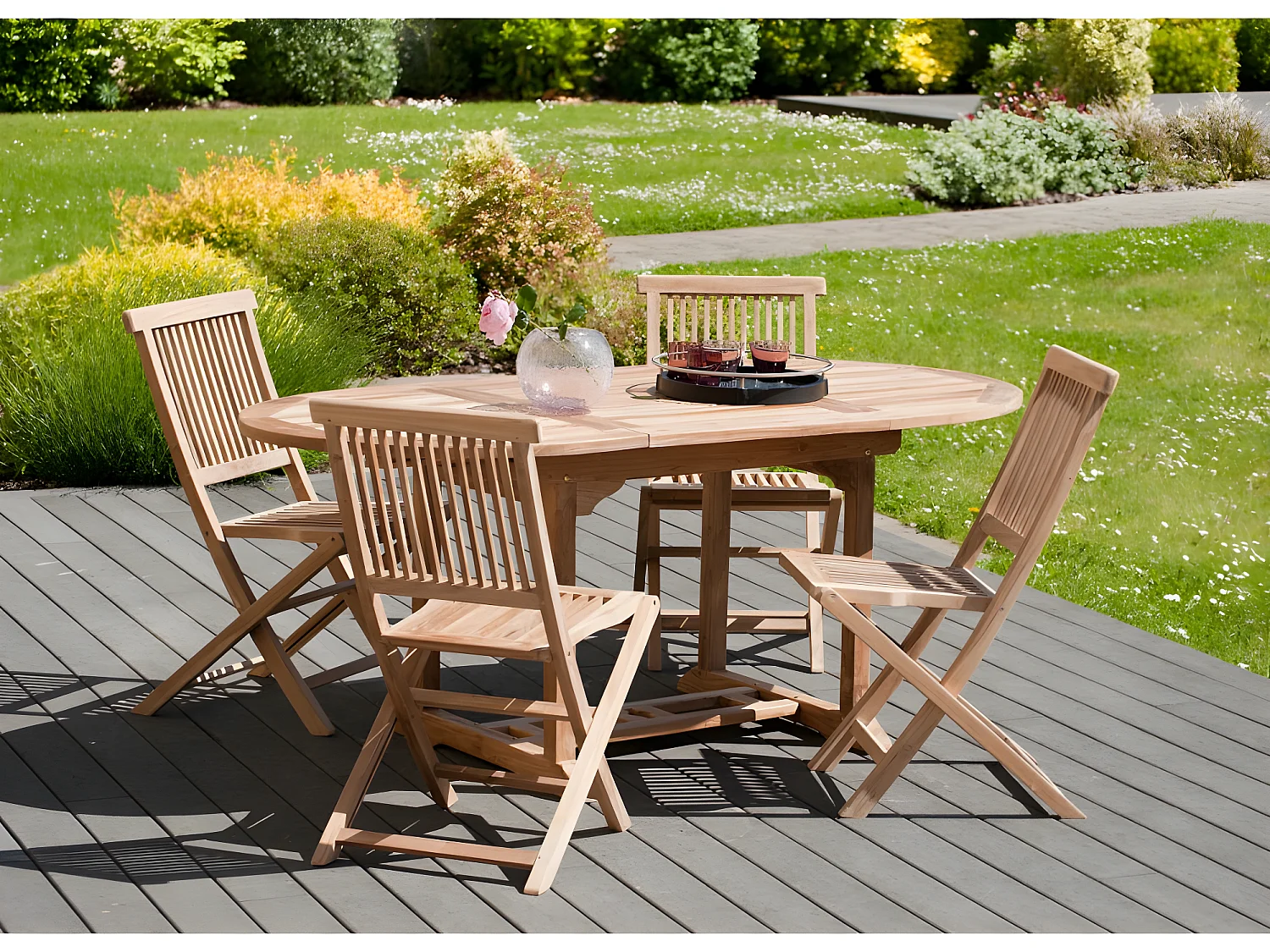 FUN - Table de jardin 4/6 personnes - ovale ext. 120/180 en bois Teck