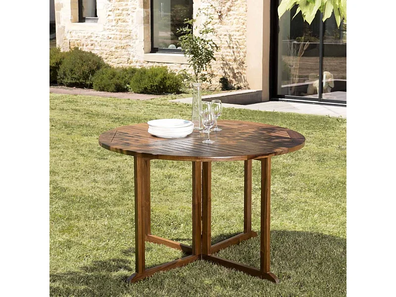 MAEVA - Table de jardin 4/5 pers.- table ronde rabats bois teck huilé