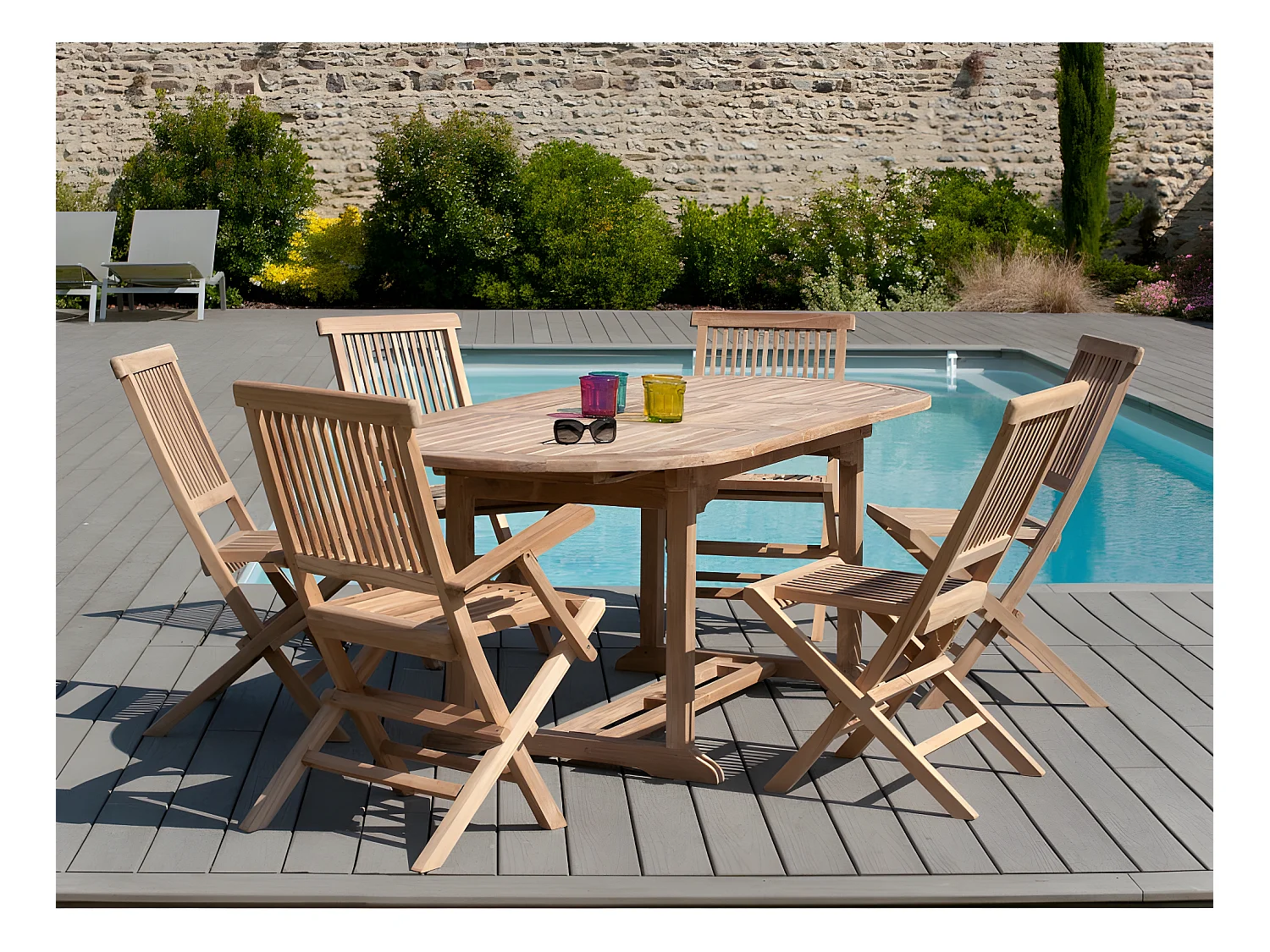 FUN - Table de jardin 6/8 personnes - ovale extensible - 150/200*90 cm en bois Teck brut