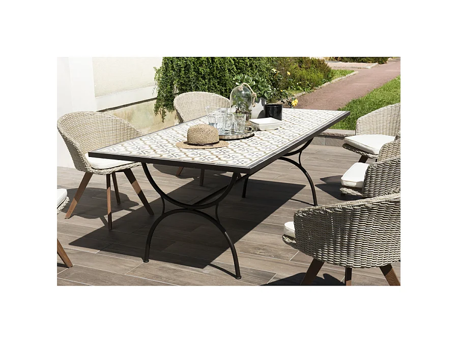 VICTOIRE - Table de jardin 6/8 personnes rectangulaire 203x102 cm carreaux de ciment pieds noirs arc métal