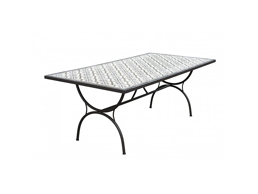 VICTOIRE - Table de jardin 6/8 personnes rectangulaire 203x102 cm carreaux de ciment pieds noirs arc métal