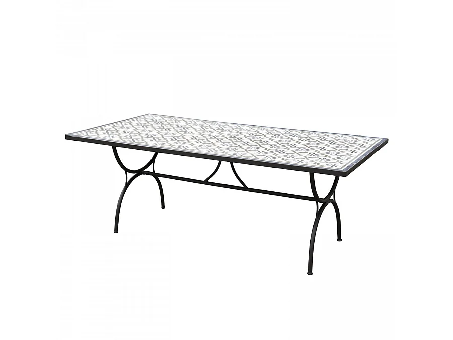 VICTOIRE - Table de jardin 6/8 personnes rectangulaire 203x102 cm carreaux de ciment pieds noirs arc métal