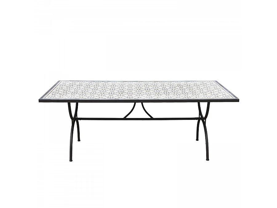 VICTOIRE - Table de jardin 6/8 personnes rectangulaire 203x102 cm carreaux de ciment pieds noirs arc métal