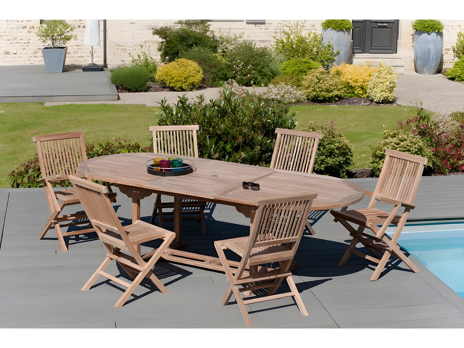 FUN - Table de jardin 8/10 personnes - ovale ext. 180/240 en bois Teck