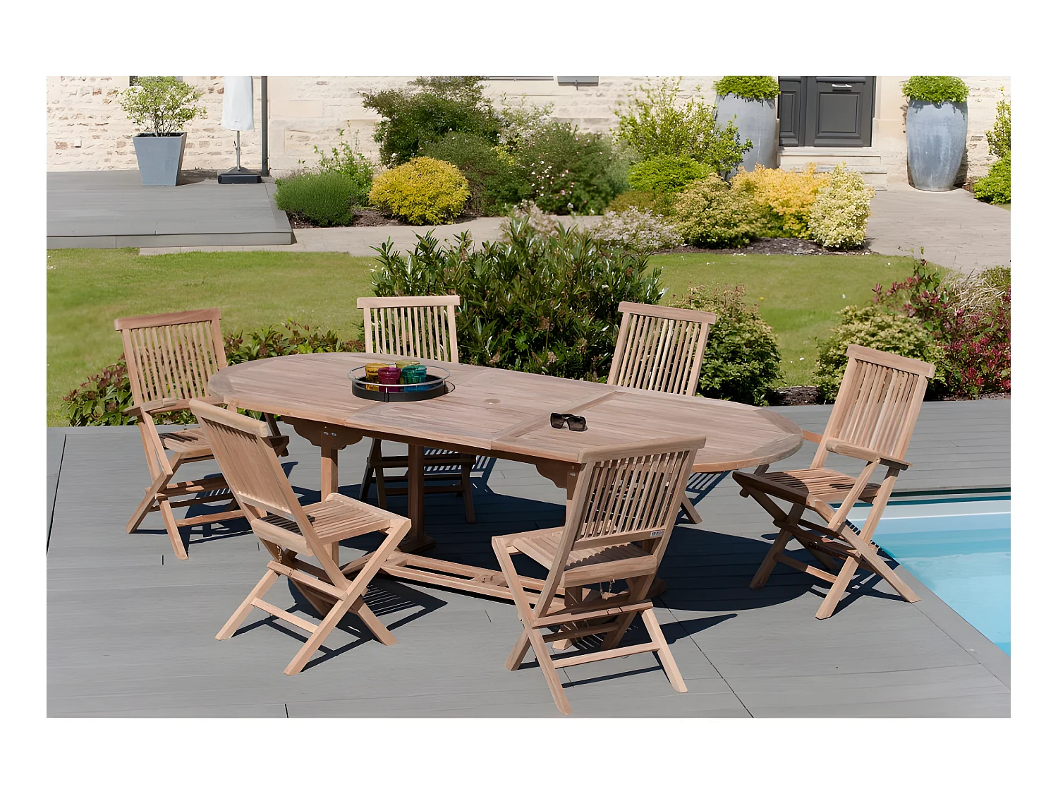FUN - Table de jardin 8/10 personnes - ovale extensible 180/240*100 cm en bois Teck brut