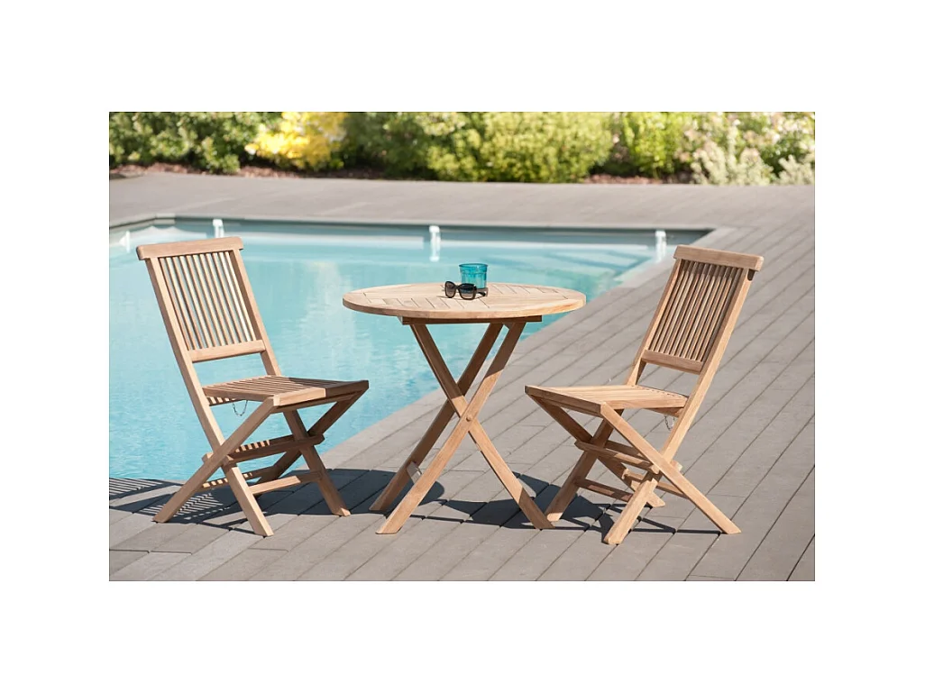 FUN - Table de jardin 2 personnes, ronde pliante 80 cm en bois teck