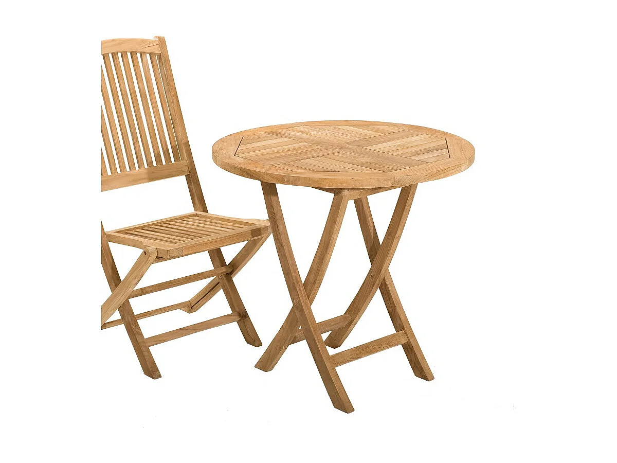 FUN - Table de jardin 2 personnes, ronde pliante 80 cm en bois teck